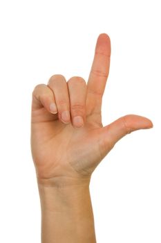 Finger spelling (hand alphabets) : Hand is spelling letter L over white background