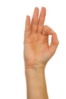 Finger spelling (hand alphabets) : Hand is spelling letter F over white background
