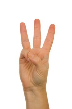Finger spelling (hand alphabets) : Hand is spelling letter W over white background