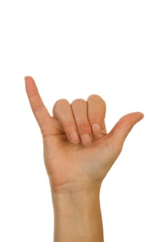 Finger spelling (hand alphabets) : Hand is spelling letter Y over white background