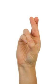 Finger spelling (hand alphabets) : Hand is spelling letter R over white background