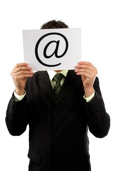 Businessman is holding a at sign, isolated on white background
