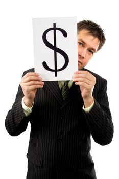 Businessman is holding a dollar mark, isolated on white background