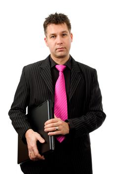 Businessman is holding his laptop