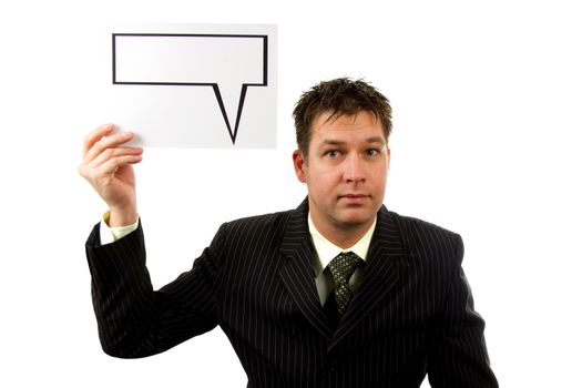 Businessman is holding a text balloon