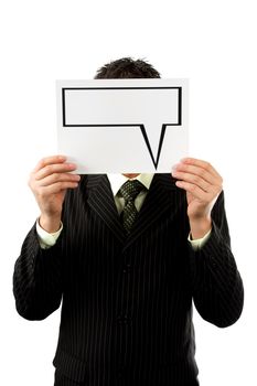 Businessman is holding a text balloon isolated on white background