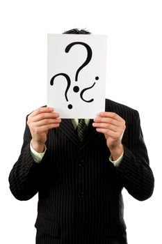 Businessman is holding a question sign, isolated on white background