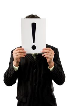Businessman is hoding a exclamation mark