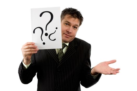 Businessman is holding question marks, isolated on white background