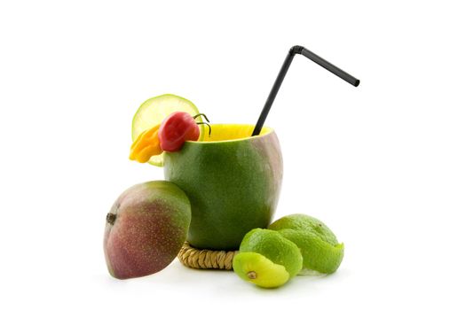 Mango cocktail with peppers and lime isolated on white background
