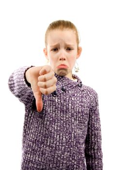 Girl with thumbs down isolated on white background