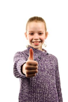Girl with thumbs up isolated on white background