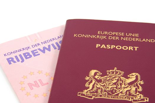 Dutch documentation, passport and drivers license, isolated on white background