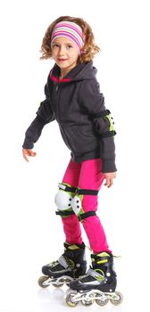 Cute girl in roller skates on a white background