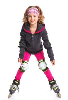 Cute girl in roller skates on a white background