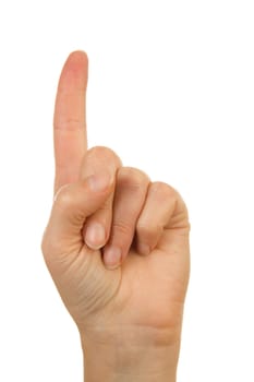 Woman's hand counting with open forefinger number 1 over white background