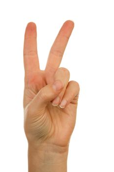 Woman's hand counting number 2 over white background