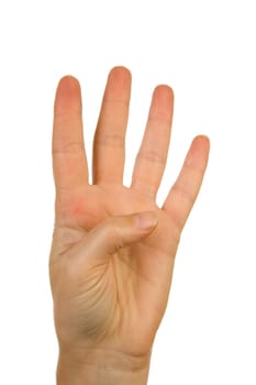 Woman's hand counting number 4 over white background