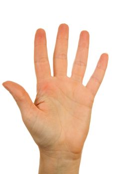 Woman's hand counting number 5 over white background