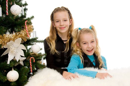 Two children near christmas tree over white background