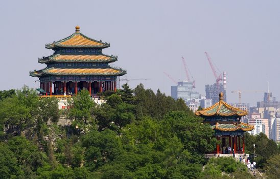 Picture of Jingshan Park Pavilions taken from Beihai Park.  Jingshan Park is directly in back of the Forbidden City