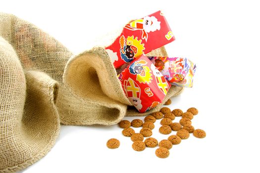 Typical Dutch celebration: Sinterklaas with presents in bag and ginger nuts, ready for the kids in december
