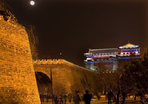 Walking in the City Wall Park Night with Moon Southeast Corner Watchtower Dongguan Men Beijing China

Resubmit--In response to comments from reviewer have further processed image to reduce noise, sharpen focus and adjust lighting.