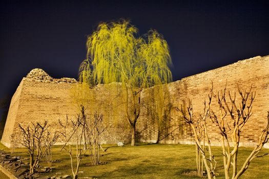 Night Shot City Wall Park Beijing, China with Green Willow  This is the city wall park with the original wall that surrounded the old city of Beijing.