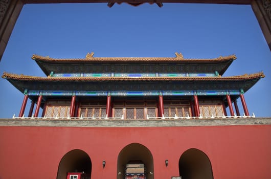 Red Gate and Doors Gugong, Forbidden City Roof Figures Decorations Emperor's Palace Beijing China

Resubmit--In response to comments from reviewer have further processed image to reduce noise, sharpen focus and adjust lighting.

Built in the 1400s in the Ming Dynasty

Chinese Characters on Gate are Name of Gate