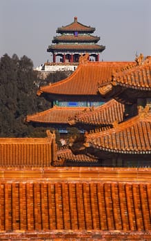 Jinshang Park Pavilions from Forbidden City Yellow Roofs Gugong Decorations Emperor's Palace Built in the 1400s in the Ming Dynasty

Resubmit--In response to comments from reviewer have further processed image to reduce noise, sharpen focus and adjust lighting.