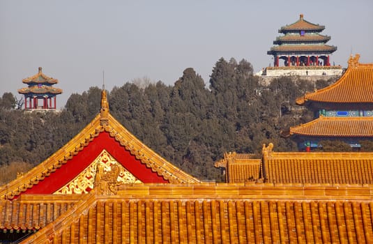 Jinshang Park Pavilions from Forbidden City Yellow Roofs GugongDecorations Emperor's Palace Built in the 1400s in the Ming Dynasty

Resubmit--In response to comments from reviewer have further processed image to reduce noise, sharpen focus and adjust lighting.