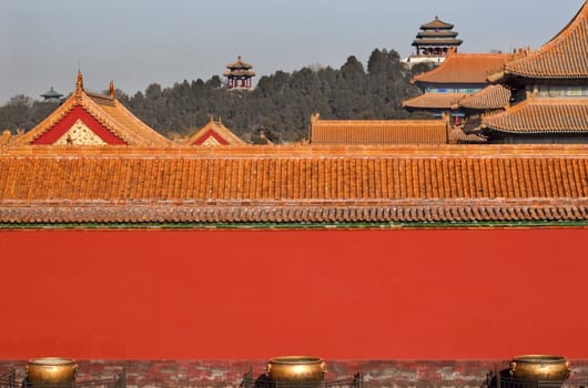 Jinshang Park Pavilions from Forbidden City Yellow Roofs Red Walls Brass Pots Gugong Decorations Emperor's Palace Built in the 1400s in the Ming Dynasty

Resubmit--In response to comments from reviewer have further processed image to reduce noise, sharpen focus and adjust lighting.