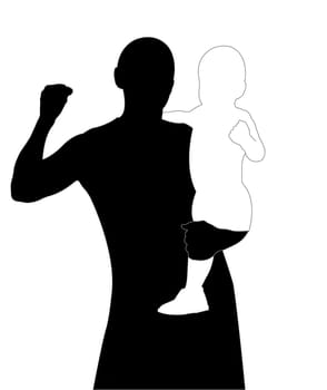 man keep on hand a baby, hand raised in a gesture of success / joy (silhouette)