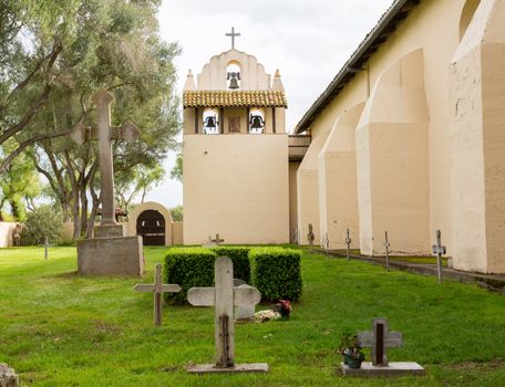 Mission Santa Ines in California exterior on sunny day with clouds