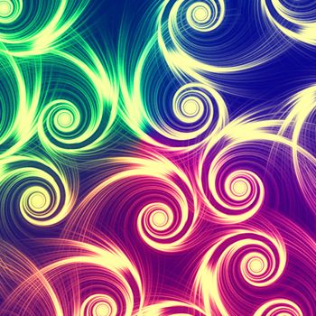 abstract background with beige spirals over gradient of green, blue, violet and pink