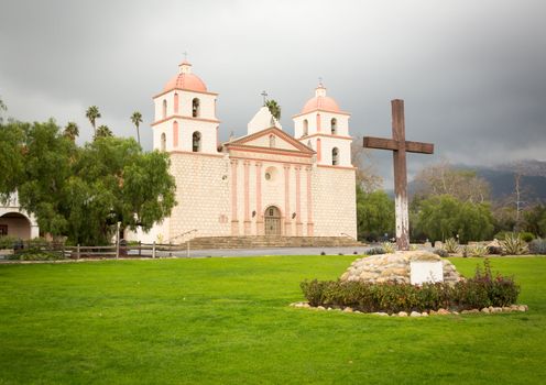 Mission Santa Barbara in California exterior on stormy day with clouds