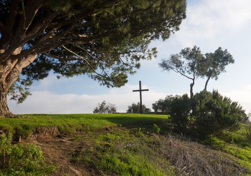 Overview panorama of Ventura California from Serra Cross park in Grant Park above city with cross