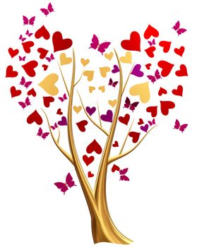 Beautiful golden tree with ruby red and lilac heart-shaped leafs, and flying butterflies around tree