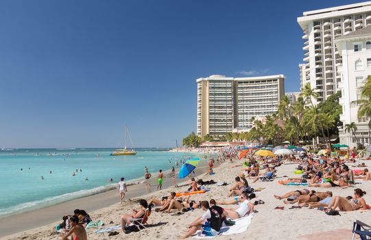 WAIKIKI, HI - JANUARY 20: Tourists sunbathe on busy Hawaii beach on 20 January 2012. The Waikiki Beach restoration project was completed early 2012.