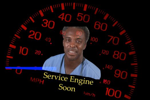 red speedometer on black background with mechanic, warning about service engine light