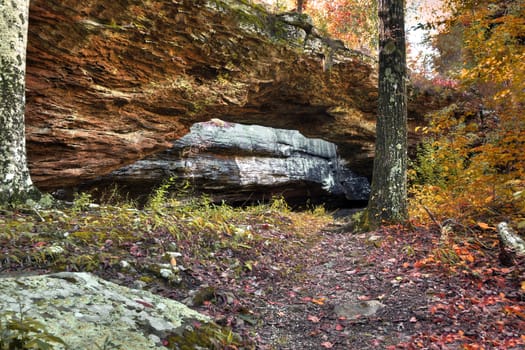 A natural rock bridge in the autumn in Arkansas.