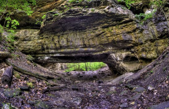 A wide angle shot of a natural rock bridge in a forest.