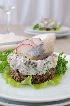 Appetizer of chopped herring, radish and apple and sour cream on a slice of rye bread