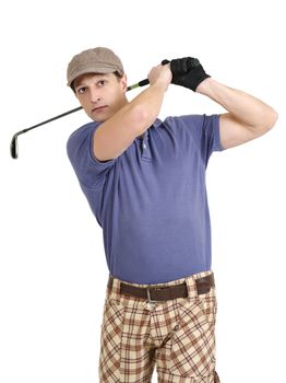 Photo of a male golfer in his late twenties finishing his swing with a wedge.