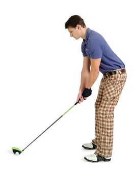 Photo of a male golfer in his late twenties about to swing his driver.