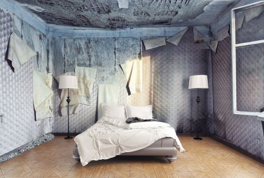 luxury bed in abandoned interior