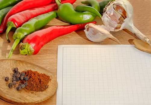 hot chili peppers, garlic and spices  border and blank paper for recipes