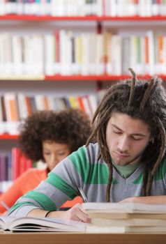 Two students in a library