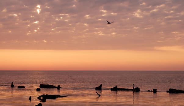 Beautiful seascape with orange warm sunrise, vacation concept