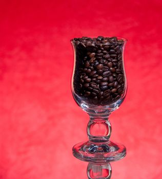 Grains of black roasted coffee in transparent cup  on red background